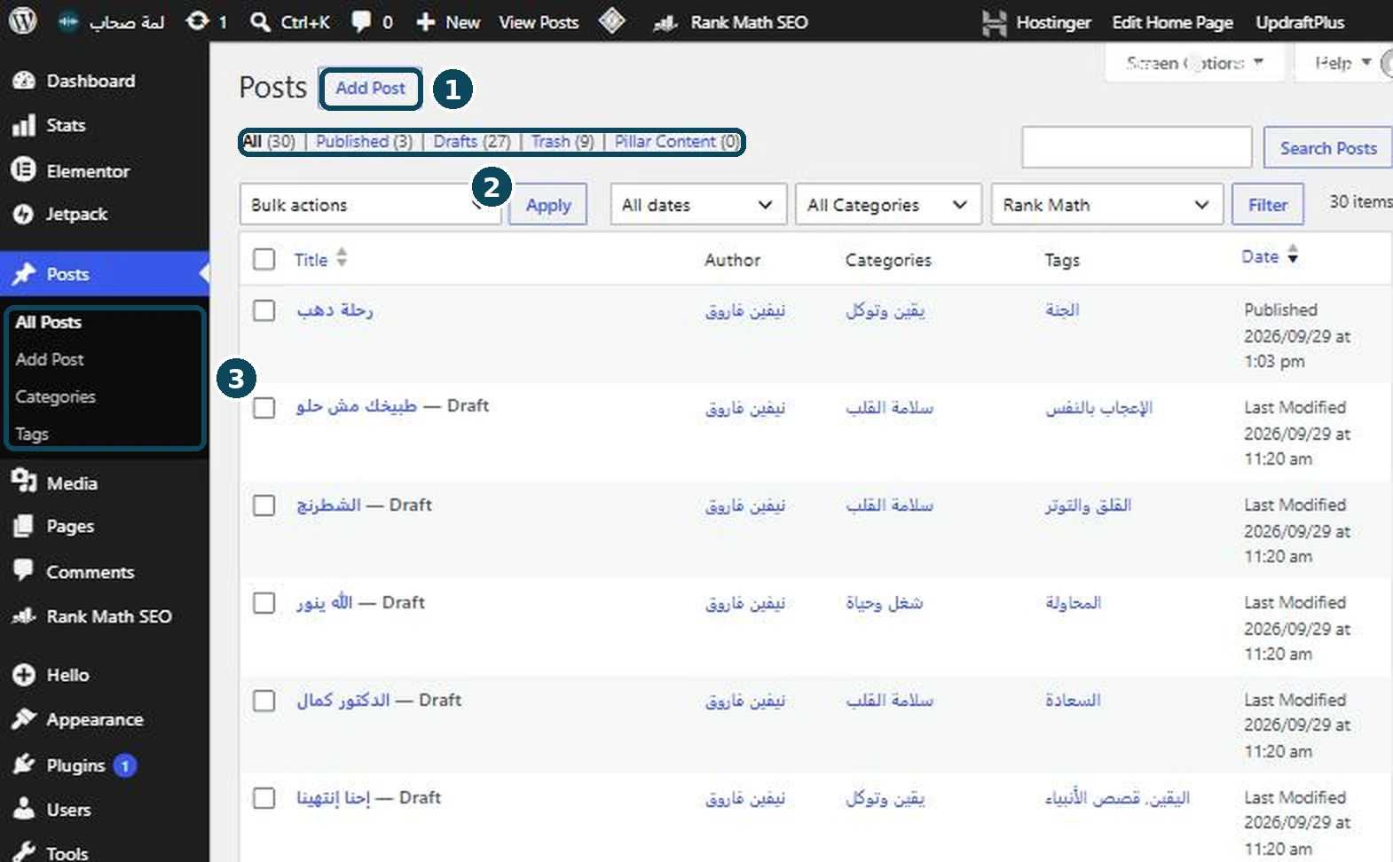The posts list in the dashboard