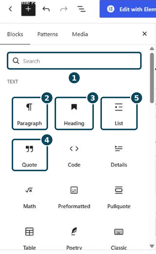 The block menu in the editor